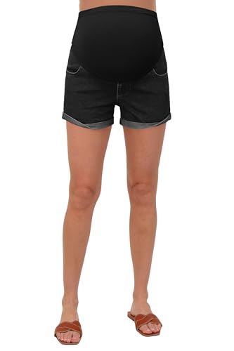 OUGES Womens Summer Maternity Denim Casual Pregnancy Shorts with Pockets - color: Black Grey, size: Medium