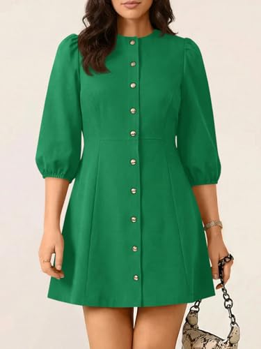 Wenrine Womens Work Mini Dress 3/4 Sleeve Button Down Business Dresses - color: Green, size: Medium
