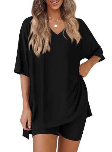 PRETTYGARDEN Womens 2 Piece Outfit Lounge Short Sets - color: Black, size: Large