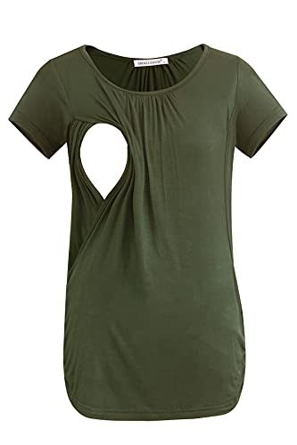 Smallshow Women's Nursing Tops Ruched Short Sleeve Breastfeeding Shirts 3-Pack - color: Army Green-black-deep Grey, size: Medium