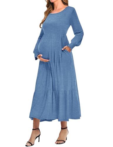 CzzzyL Women Nursing Dresses Crew Neck Fall Maternity Tiered with Pockets - color: Lightblue, size: Large