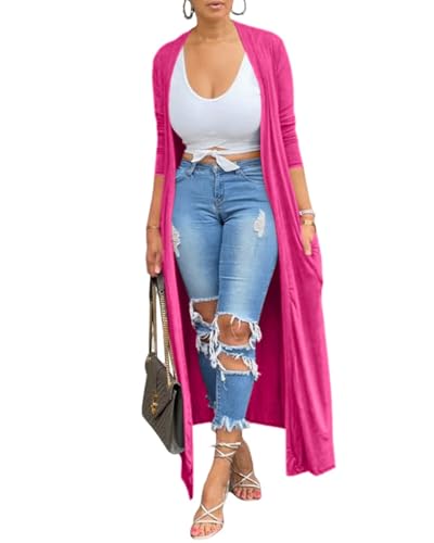 Adogirl Women's Lightweight Open Front Maxi Drape Cardigan With Pockets - color: Light Rose, size: X-Large