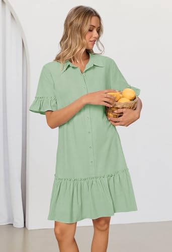 MEROKEETY Women's Summer Casual Tshirt Dress Button Down Shift Mini Dresses - color: Light Green, size: Small