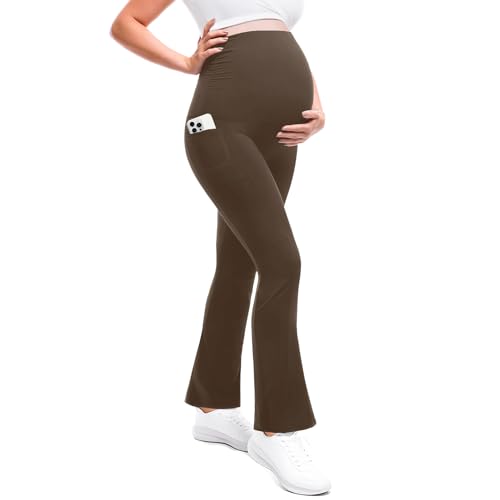 Leafigure Maternity Flare Leggings with Pockets - color: Khaki, size: Medium