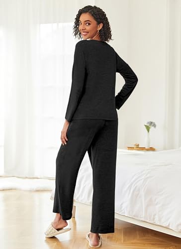 Ekouaer Womens Pajama Sets Button Up Long Sleeve Lounge Set Soft V Neck Pj - color: Black, size: Large