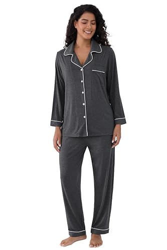 Cherrydew Women's Bamboo Viscose Cooling Long Sleeve Button Up Pajama Set - color: Charcoal, size: X-Large