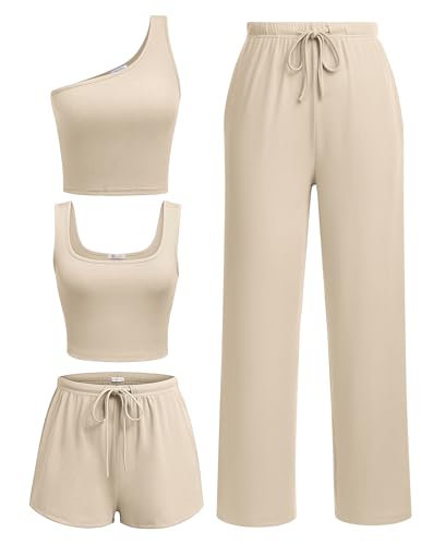 Ekouaer 4 Piece Sets for Women Casual Lounge Sets Summer Vacation Outfits - color: 01 Light Coffee, size: Small