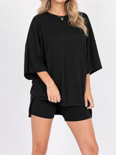 Fisoew Womens 2 Piece Lounge Set Ribbed Oversized T-Shirt Biker Shorts - color: Black, size: Large