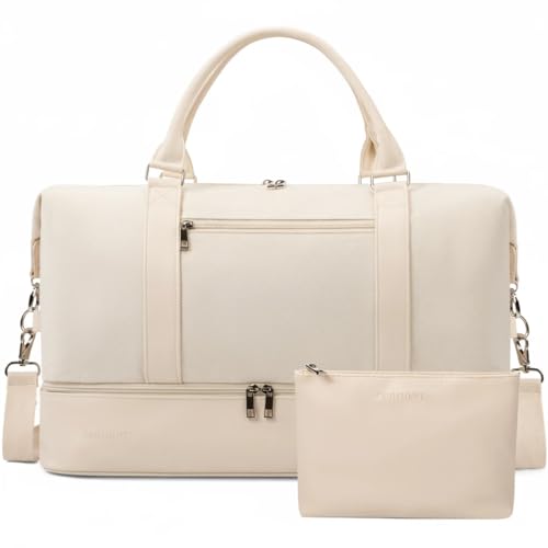 Oeihuivt Weekender Bags for Women - 21 Inch Large Travel Duffel Bag 2-Piece Set with Shoe Compartment, Heavy-Duty Canvas & Leather Carry On Overnight Tote (Airplane Approved) - color: Beige-1