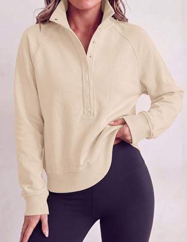 PRETTYGARDEN Women's Fall Oversized Sweatshirts Mock Neck Henley Pullover - color: Beige, size: Medium