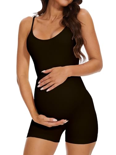 BDITANLE Maternity Workout Romper Pregnancy Yoga Ribbed One Piece Seamless Spaghetti Strap Jumpsuit - color: 01black, size: Medium