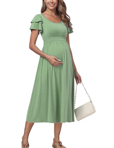 Ruffle Short Sleeve Maternity Dress High Waisted Midi Baby Shower Dresses - color: Sage, size: Medium