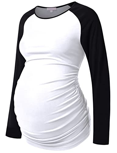 Maternity Shirt Long Sleeve Basic Top Ruch Sides Bodycon Tshirt for Pregnant Women - color: Black and White, size: Medium
