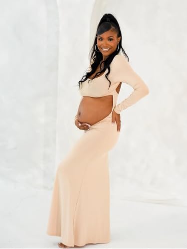 Women's Maternity Elegant Fitted Maxi Dress for Photoshoot - color: Beige, size: Medium