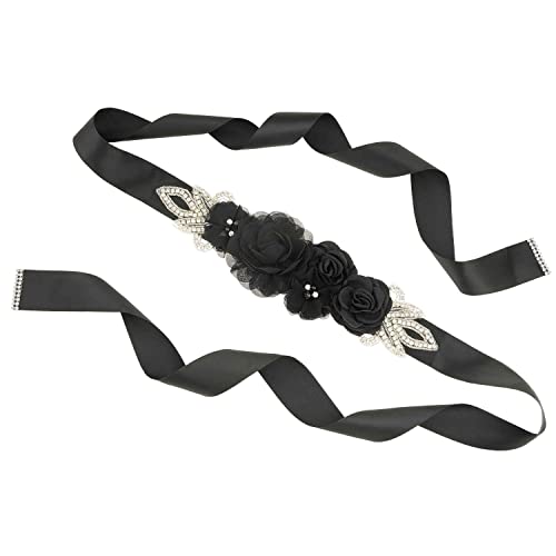 Huralona Wedding Sash Belt Satin Ribbon with Flowers Pearls Rhinestone - color: Black