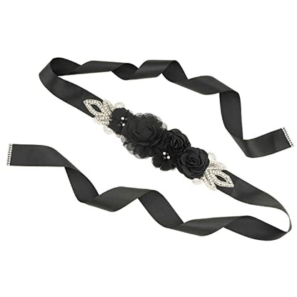 Huralona Wedding Sash Belt Satin Ribbon with Flowers Pearls Rhinestone - color: Black