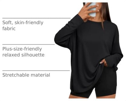 Trendy Queen Womens Oversized Side Slit Long Sleeve Shirts Fall Tops - color: Black, size: Small