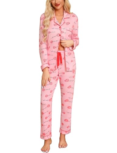 Anjue Pajamas For Women Set Long Sleeve Button Up Sleepwear Soft Pjs - color: Pink Heart, size: Medium