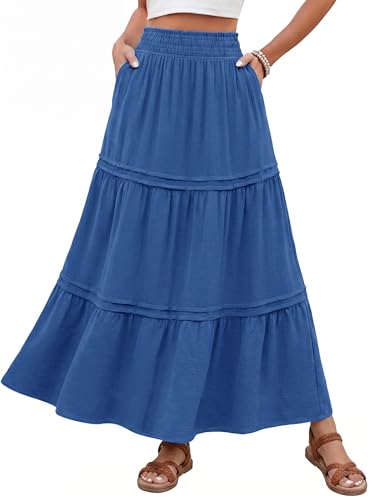 Simplee Womens Maxi Skirt Summer Long Flowy Tiered High Waisted A Line Smocked Beach Vacation Boho Skirts Wear with Pockets - color: Blue, size: Medium