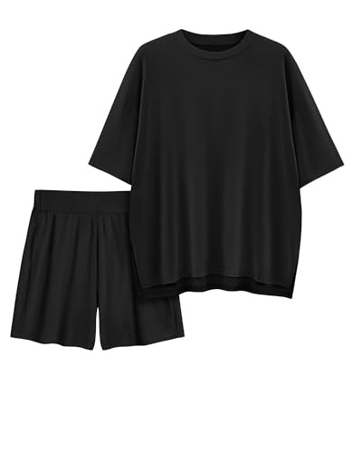 Womens 2 Piece Lounge Sets 2026 Summer Travel Outfits Casual Short Sleeve Oversized Tshirts Tops Biker Shorts - color: Black, size: XX-Large