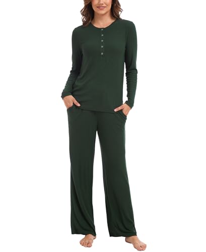 GYS Women's Bamboo Viscose Nursing Pajama Set, Wide Waist Cooling - color: Deep Green, size: X-Large