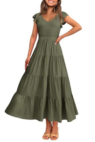 PRETTYGARDEN Women's Summer Smocked Flowy Maxi Dress - color: Solid Army Green, size: XX-Large