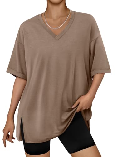Trendy Queen Plus Size Oversized V Neck Tshirt Tops Workout Wear - color: Brown, size: Small