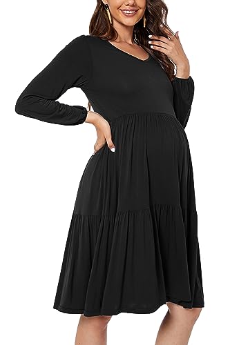 Smallshow Women's Maternity Dress Ruffle Long Sleeve Pregnancy Clothes - color: Black, size: X-Large