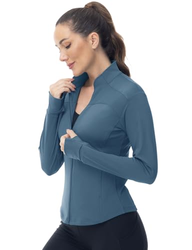 Gopune Women's Workout Athletic Jacket Lightweight Zip Up Yoga Slim Fit Tops with Pockets - color: Grey Blue, size: X-Large