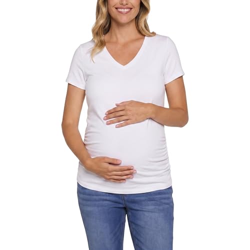 Motherhood Maternity Women's Short Sleeve Side Ruched V-Neck Pregnancy Tee Shirt - color: Bright White, size: Small