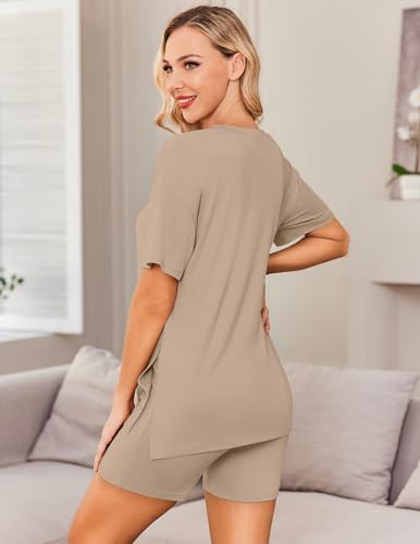 Ekouaer Maternity Sets 2 Piece Outfits Summer Caual Pregnancy Loungewear - color: Khaki, size: Large