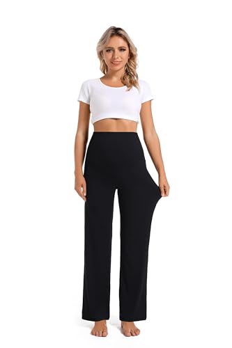 Foucome Women's Maternity Pants Wide Leg Pregnancy Work Pants - color: Black, size: Large