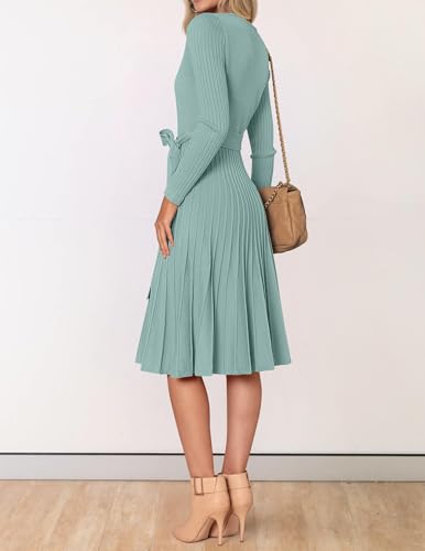 ZESICA Women's Long Sleeve Wrap Sweater Midi Dress with Belt - color: Lake, size: Large