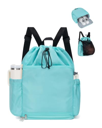 Drawstring Backpack with Shoe & Wet Compartments, Cup & Ball Holders, Green - color: Mint Green