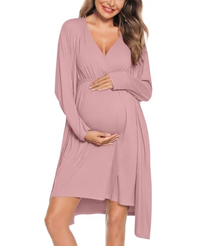 SWOMOG Women Maternity Nursing Gown and Robe Set 3 in 1 Labor Delivery Nursing Nightgown for Breastfeeding Hospital Bathrobe - color: Taro Purple, size: X-Large
