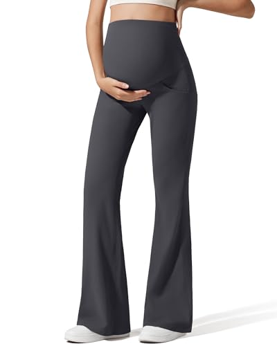 G4Free Ribbed Maternity Pants Yoga Flare Pregnancy Leggings Casual - color: Dark Gray, size: Small