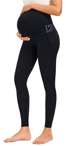 JOYSPELS Smooth Feeling Maternity Workout Leggings with Pockets Pregnancy Pants Over The Belly - color: Black, size: Medium