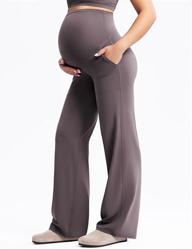 POSHDIVAH Creamluxe Maternity Wide Leg Pants Pregnancy Work Trousers - color: Taupe, size: Medium