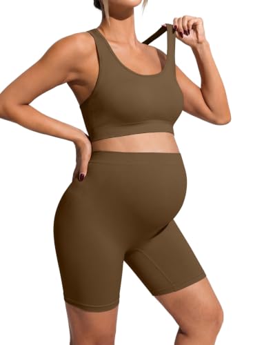 BLENCOT Maternity Workout Sets Pregnancy Yoga Ribbed Tank Tops with Bra - color: Brown, size: Medium