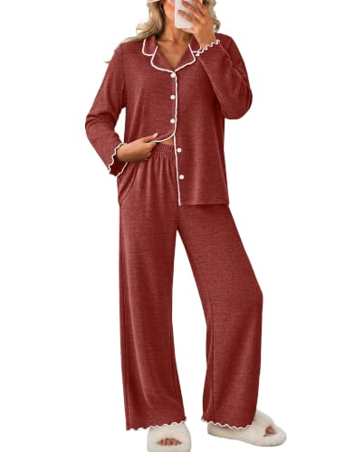 WIHOLL Women's Pajamas Sets Cute Ruffle Long Sleeve Button Up 2 Piece Pjs - color: Caramel, size: Small