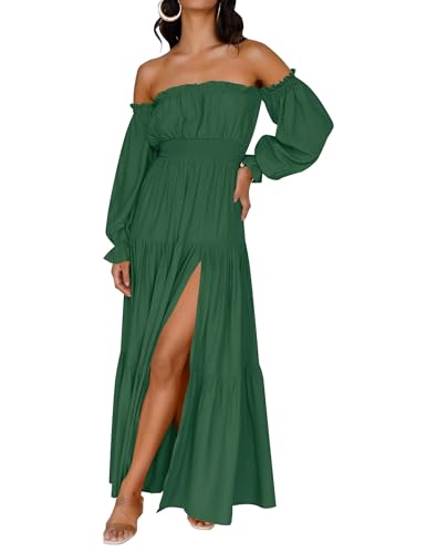 ZESICA Womens Fall Long Sleeve Boho Off Shoulder Maxi Dresses - color: Dark Green, size: Small