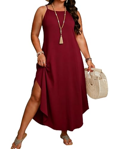POGTMM Womens Plus Size Dress Boho Sleeveless Maxi Long Halter Sundress - color: Wine Red, size: XX-Large