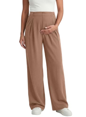 BLENCOT Maternity Pants Work Waffle Knit Wide Leg Pregnancy Trousers - color: Brown, size: Small