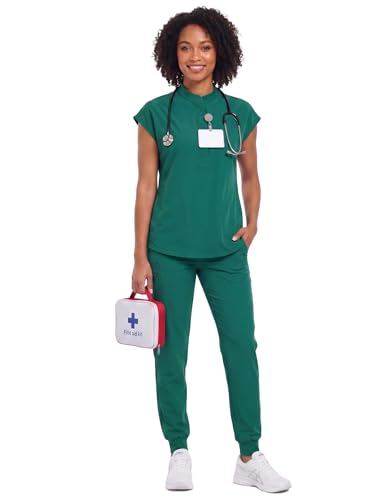 VECARDI Womens Scrub Top Zip Front Dolman Sleeves with Pockets - color: Hunter Green, size: XX-Large
