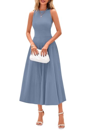 PRETTYGARDEN Women's Summer Pleated Midi Work Dress - color: Blue Grey, size: Medium