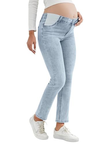 Women's Maternity Jeans Slim Side Stretchy Straight Leg Pregnancy Petite Denim Pants with Pockets - color: Light Blue, size: X-Large