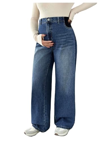 MakeMeChic Women's Maternity Jeans Loose Fit Over The Belly Pants - color: Blue, size: Medium