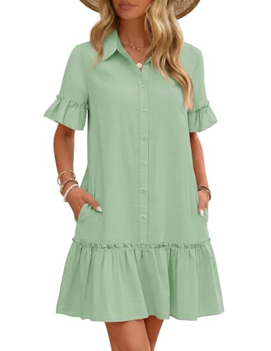 MEROKEETY Women's Summer Casual Tshirt Dress Button Down Shift Mini Dresses - color: Light Green, size: Large