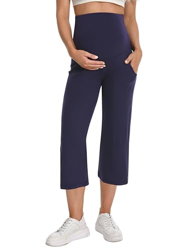 Foucome Maternity Capris Wide Leg Cropped Yoga Pants - color: Navy, size: Medium