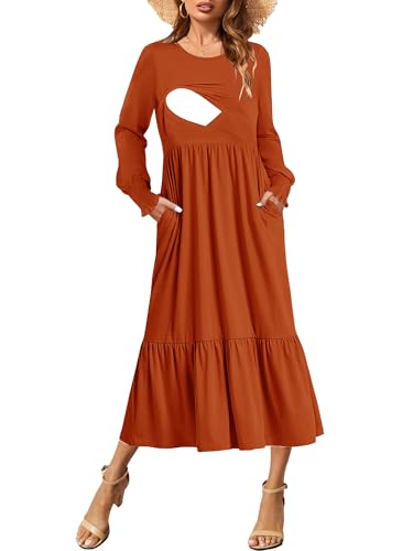 CzzzyL Women Nursing Dresses Crew Neck Fall Maternity Tiered with Pockets - color: Orange, size: Small